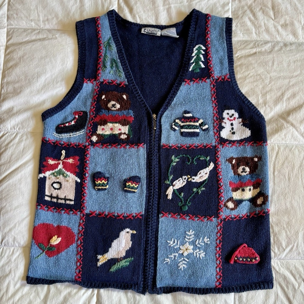 Vtg Capacity Zip Knit Sweater Vest Women L Winter Festive Holiday Granny Cottage